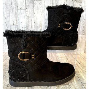GUESS Black Suede/Faux Fur Rhinestone Boots with Gold Buckle, Women Sz 10 EUC
